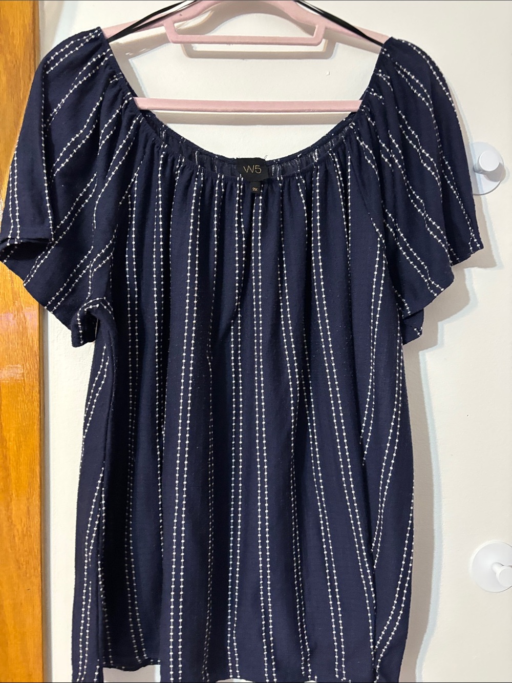 W5 Navy Blue Off-Shoulder Dot-Striped Blouse